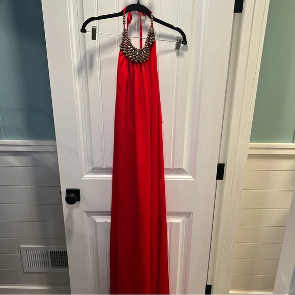 Vince Camuto Vibrant Red Open Back Beaded Tie Neck Maxi Dress. Size 14 - Picture 11 of 15